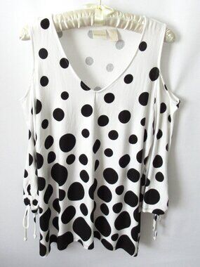 Chico's white black polka dot v-neck cold shoulder 3/4 slv tee top *Sz 1(M)*